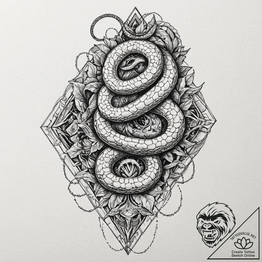 Serpent totem beneath spectral rift, ink illu... - tattoo sketch (№1753179383_0, 22.07.2025 10:16) — tattoovalue.net