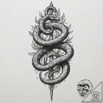 Ruby-eyed serpent coiled around a dagger, tat… – tattoo sketch (№1753179541_0, 22.07.2025 10:19) — tattoovalue.net