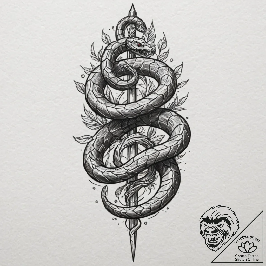 Ruby-eyed serpent coiled around a dagger, tat... - tattoo sketch (№1753179541_0, 22.07.2025 10:19) — tattoovalue.net