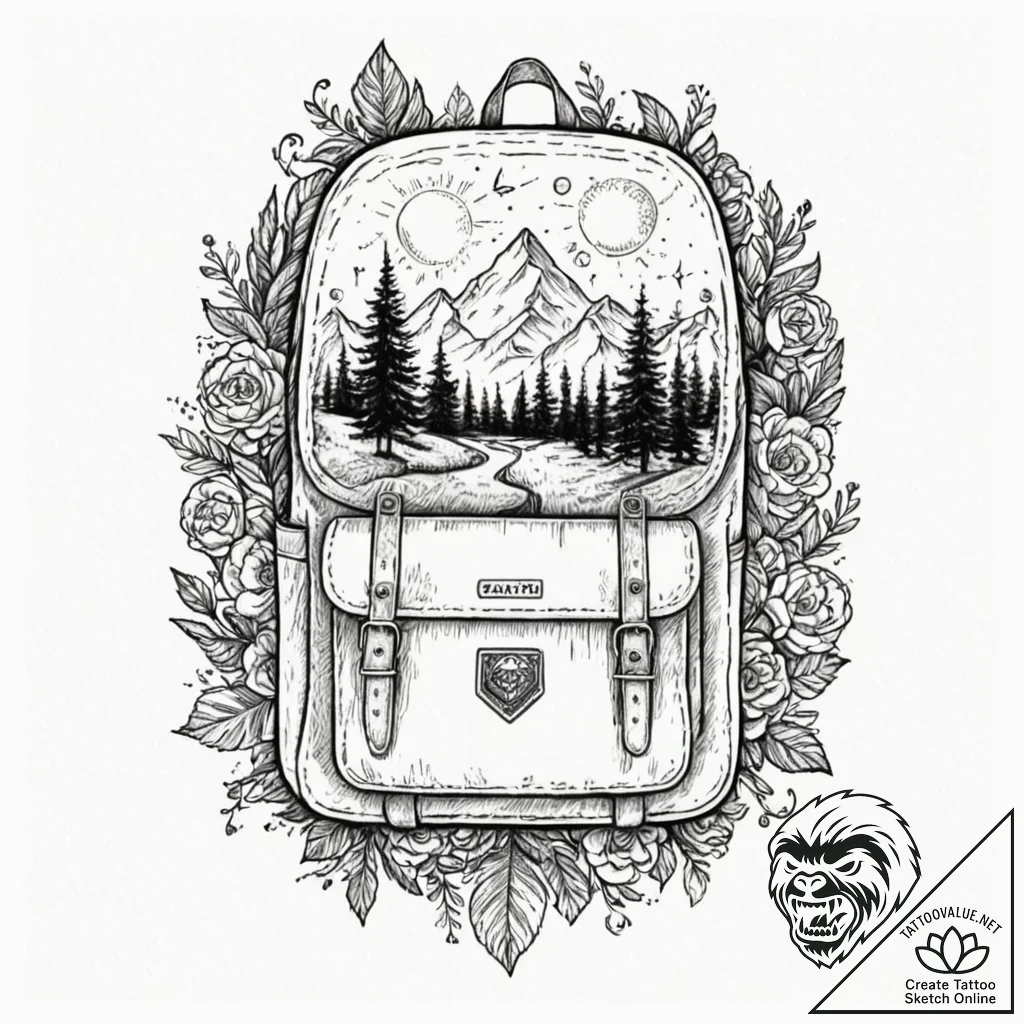 A detailed backpack with travel badges, wande... - tattoo sketch (№1753180093_0, 22.07.2025 10:28) — tattoovalue.net
