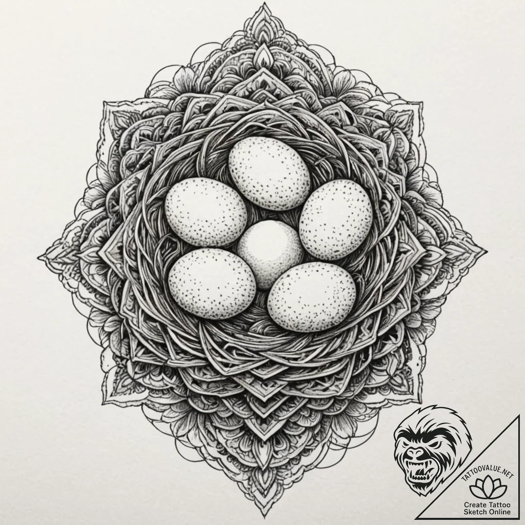 A whimsical bird in a nest with eggs, nurturi... - tattoo sketch (№1753180803_0, 22.07.2025 10:40) — tattoovalue.net