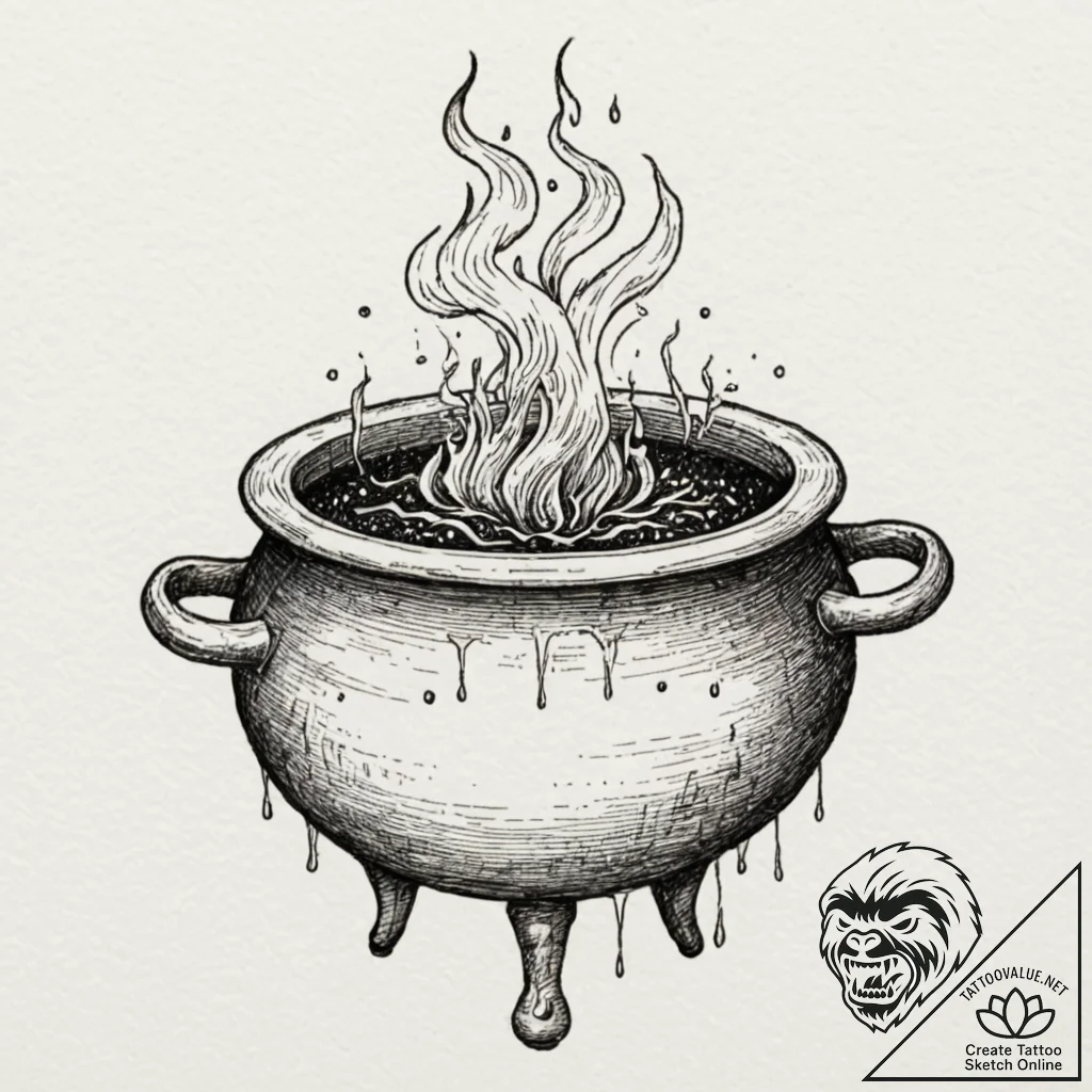 Alchemy cauldron with spectral smoke, concept... - tattoo sketch (№1753180961_0, 22.07.2025 10:42) — tattoovalue.net