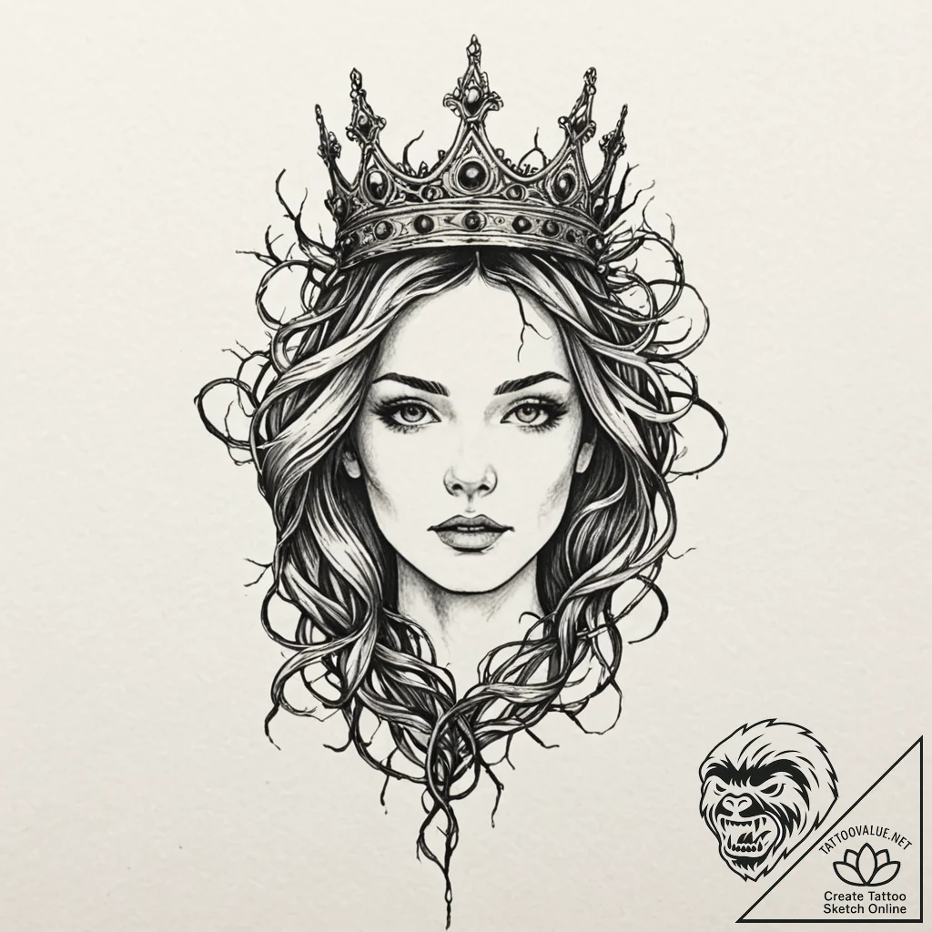 Dark crown entangled in roots, artistic tatto... - tattoo sketch (№1753181199_0, 22.07.2025 10:46) — tattoovalue.net