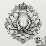 Frog sitting on a lily pad, wearing a tiny cr… – tattoo sketch (№1753182230_0, 22.07.2025 11:03) — tattoovalue.net
