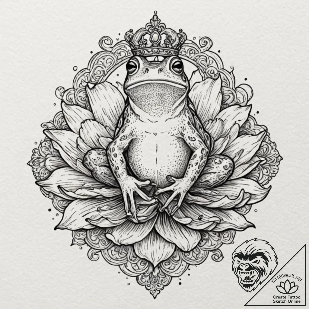 Frog sitting on a lily pad, wearing a tiny cr... - tattoo sketch (№1753182230_0, 22.07.2025 11:03) — tattoovalue.net