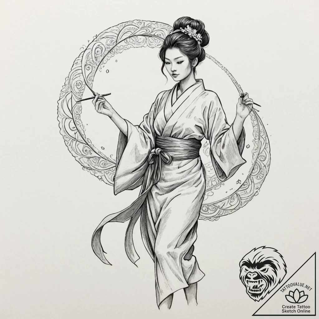Kimono swirling through void, tattoo drawing... - tattoo sketch (№1753182813_0, 22.07.2025 11:13) — tattoovalue.net