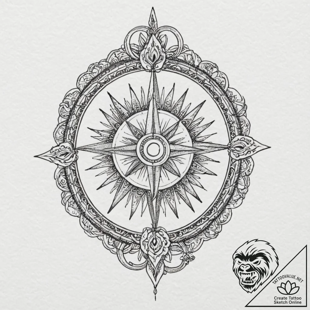 Dagger rising from celestial wheel, tattoo fl... - tattoo sketch (№1753184004_0, 22.07.2025 11:33) — tattoovalue.net