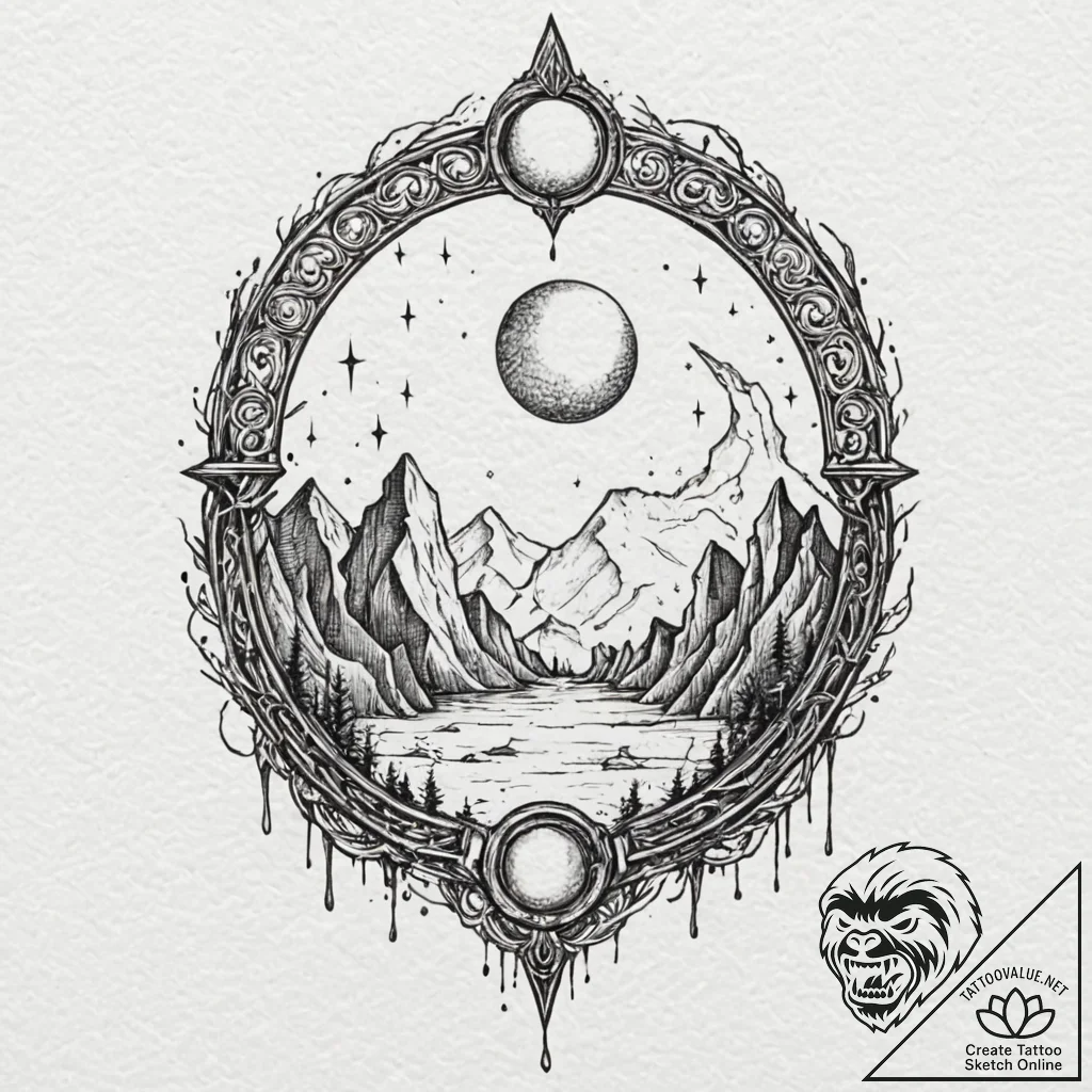 Nether gate beneath shattered moon, tattoo fl... - tattoo sketch (№1753184772_0, 22.07.2025 11:46) — tattoovalue.net
