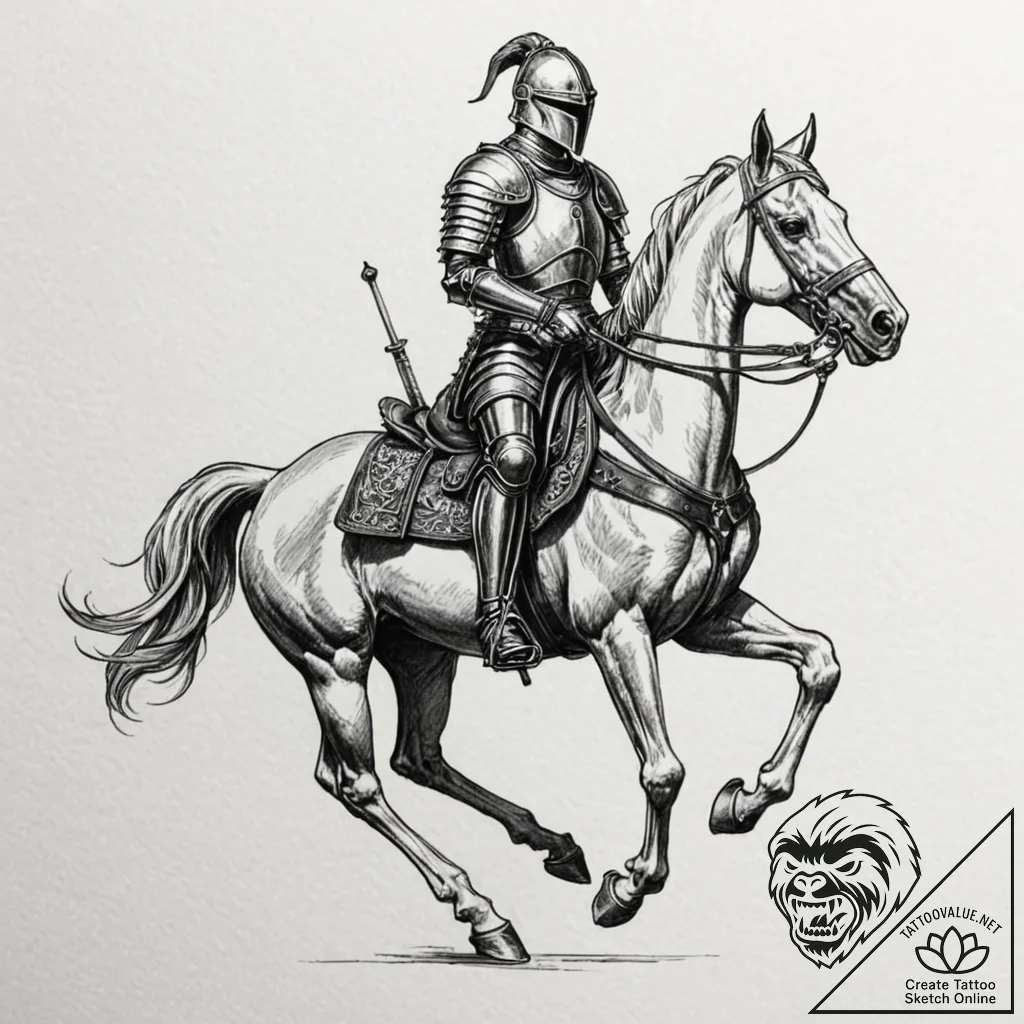 Armored knight riding skeletal horse, tattoo... - tattoo sketch (№1753186309_0, 22.07.2025 12:11) — tattoovalue.net