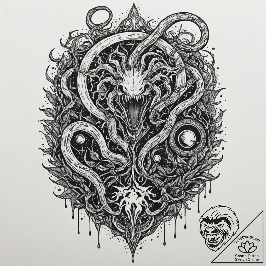Venom roots beneath celestial gate, tattoo fl... - tattoo sketch (№1753186734_0, 22.07.2025 12:18) — tattoovalue.net