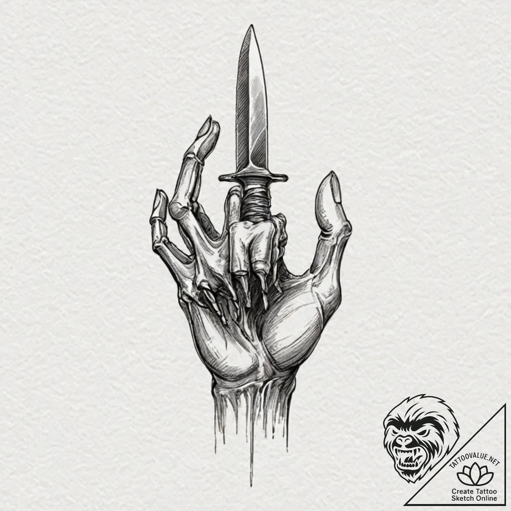 Knife in skeletal grip, tattoo sketch design,... - tattoo sketch (№1753187588_0, 22.07.2025 12:33) — tattoovalue.net
