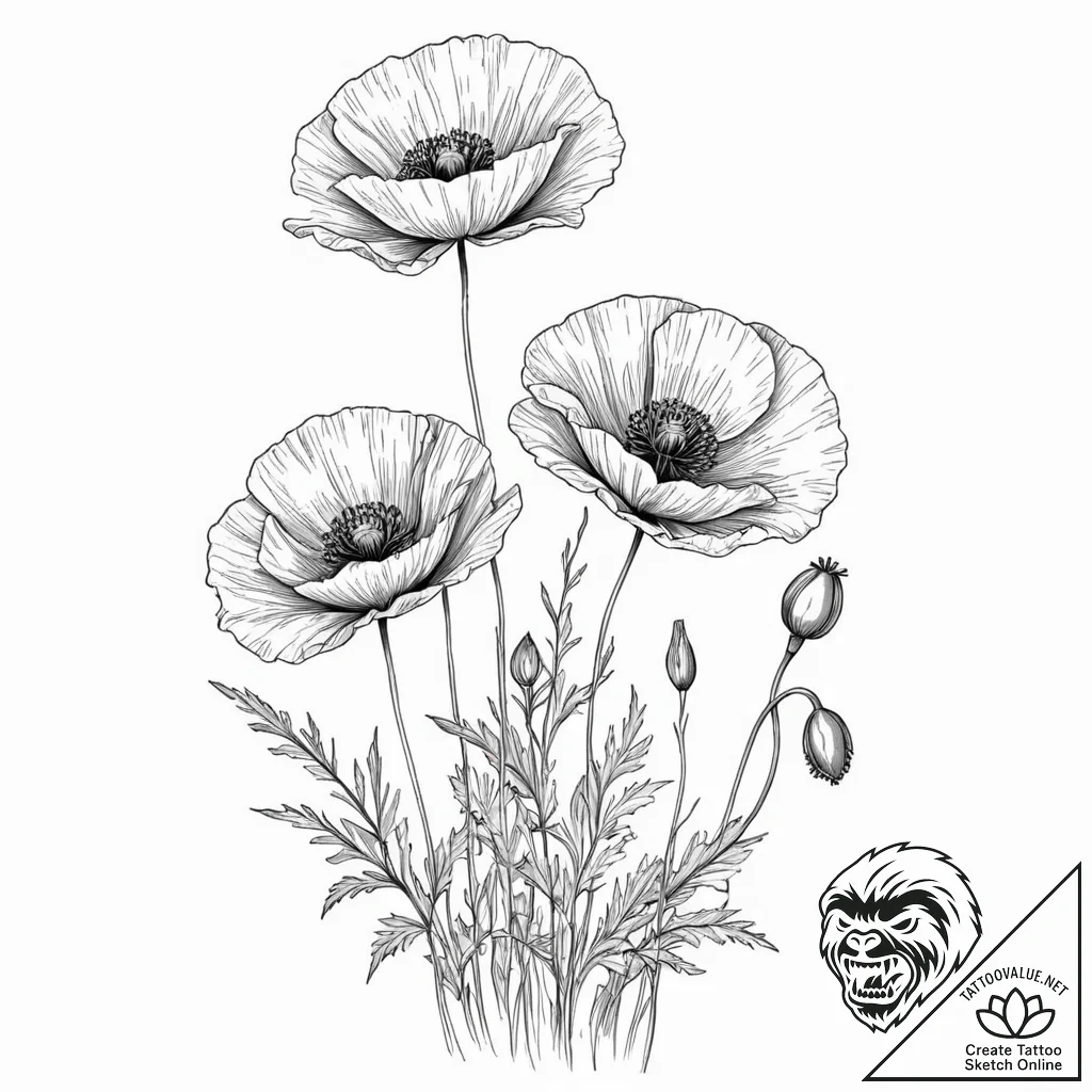 A poppy flower field - tattoo sketch (№1753188525_0, 22.07.2025 12:48) — tattoovalue.net
