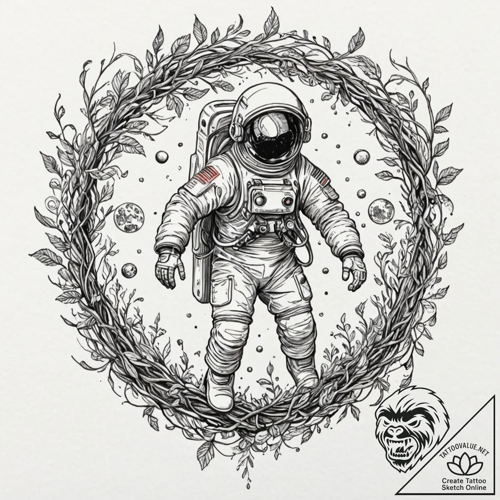 Astronaut trapped in vines, artistic tattoo s... - tattoo sketch (№1753189044_0, 22.07.2025 12:57) — tattoovalue.net