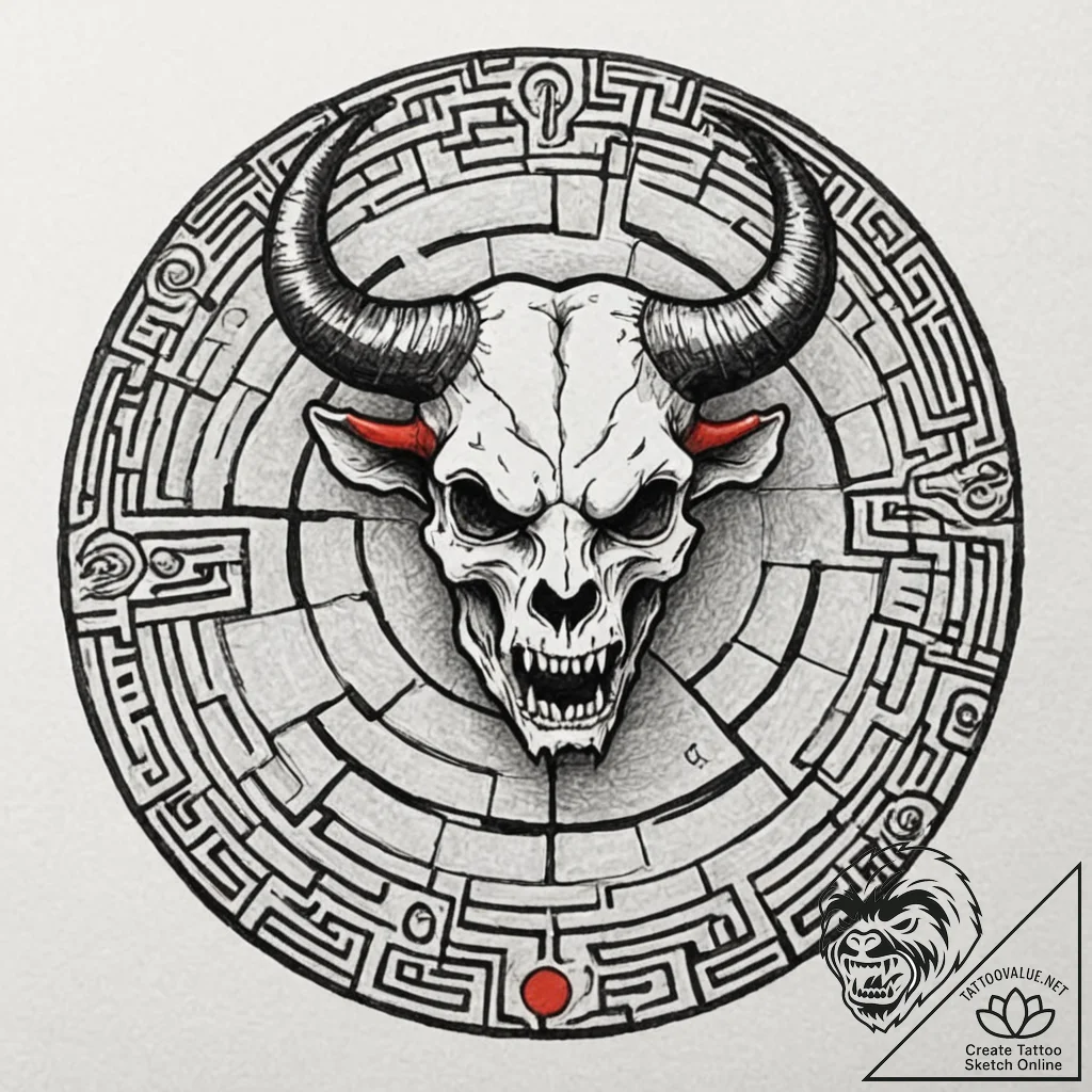 Minotaur's skull in a stone labyrinth, ink il... - tattoo sketch (№1753189552_0, 22.07.2025 13:05) — tattoovalue.net