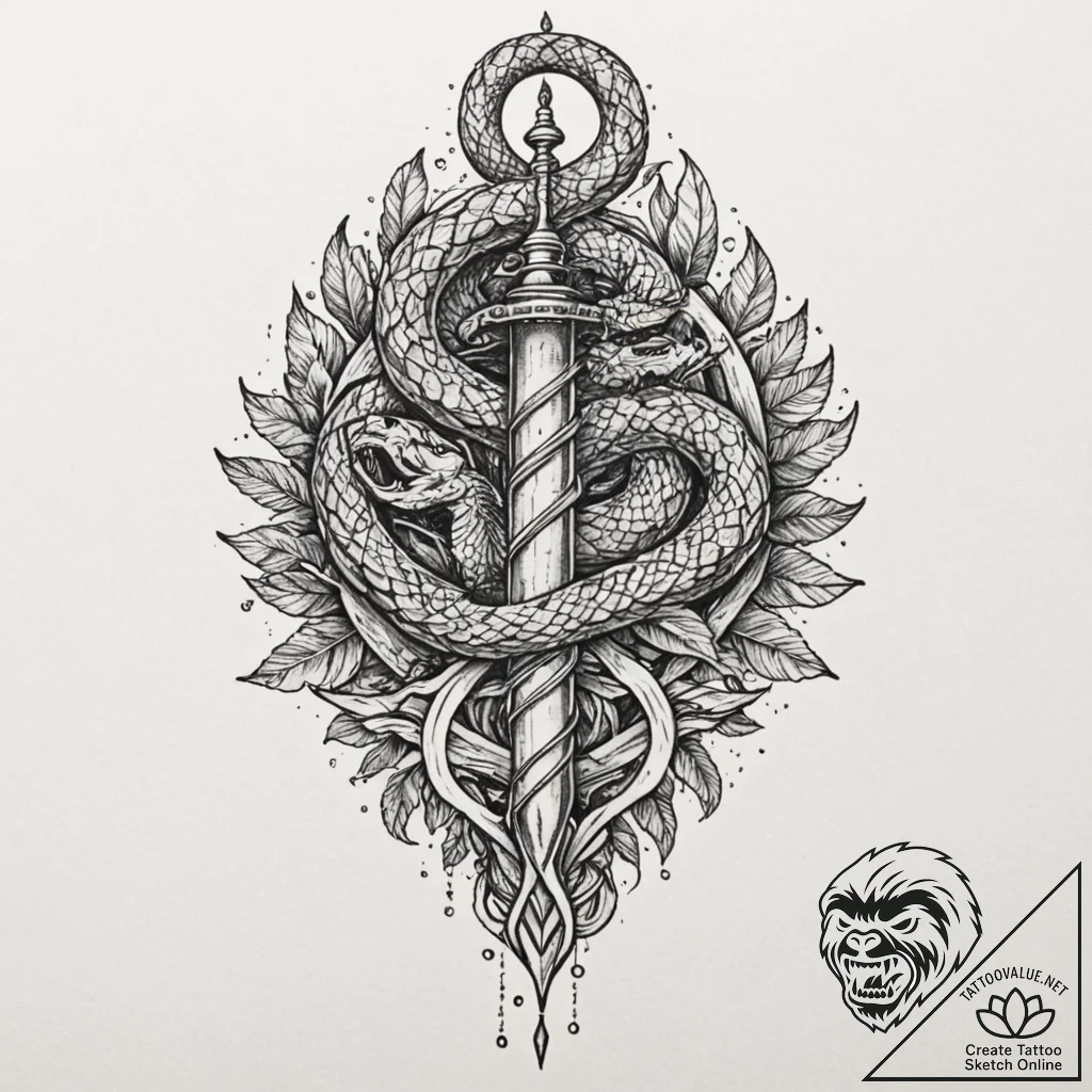 Crystal serpent weaving through dagger, tatto... - tattoo sketch (№1753190404_0, 22.07.2025 13:20) — tattoovalue.net