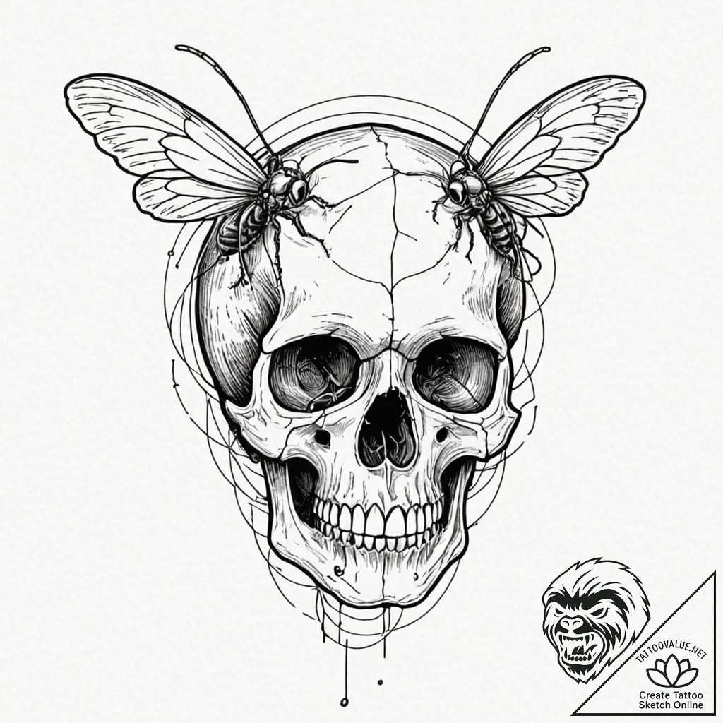 Amber skull with trapped insects, ink illustr... - tattoo sketch (№1753190662_0, 22.07.2025 13:24) — tattoovalue.net