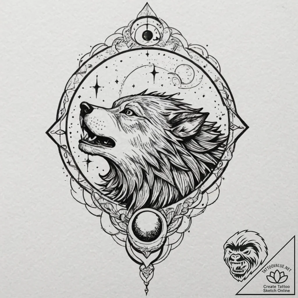 Werewolf howling at a blood moon, tattoo flas... - tattoo sketch (№1753191170_0, 22.07.2025 13:32) — tattoovalue.net