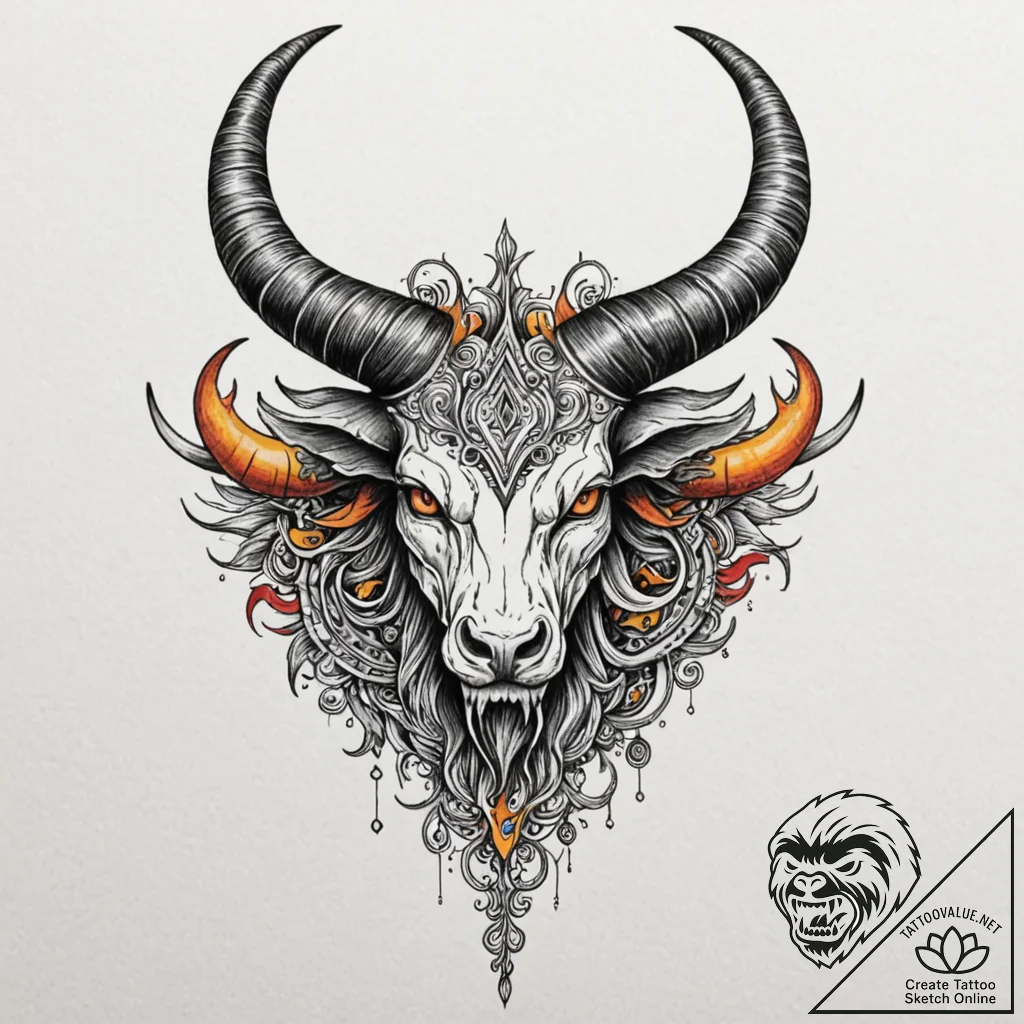 Ashen demon with molten horns, tattoo sketch... - tattoo sketch (№1753191254_0, 22.07.2025 13:34) — tattoovalue.net