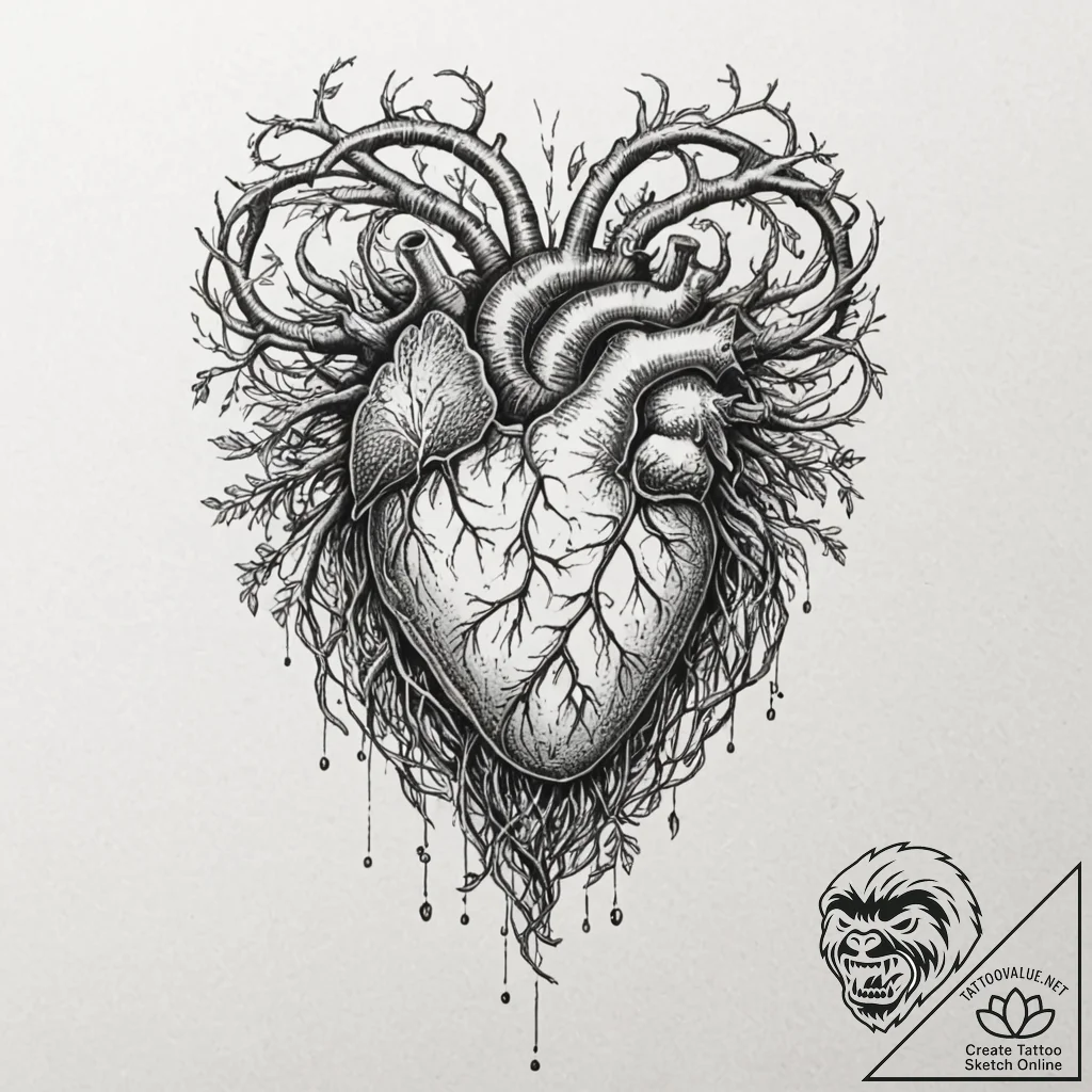 Hollow heart wrapped in roots, ink illustrati... - tattoo sketch (№1753191339_0, 22.07.2025 13:35) — tattoovalue.net