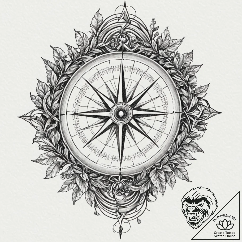 Broken compass lost in vines, artistic tattoo... - tattoo sketch (№1753191424_0, 22.07.2025 13:37) — tattoovalue.net