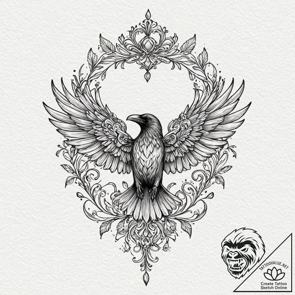 Angelic raven with crown, tattoo drawing outl... - tattoo sketch (№1753193207_0, 22.07.2025 14:06) — tattoovalue.net