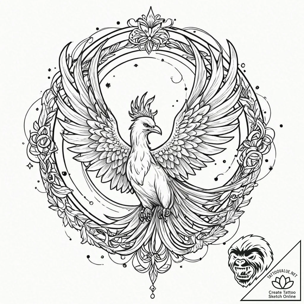 Astral phoenix spiraling through stars, tatto... - tattoo sketch (№1753193547_0, 22.07.2025 14:12) — tattoovalue.net