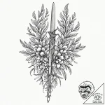Olive leaves entwining dagger, ink illustrati… – tattoo sketch (№1753193631_0, 22.07.2025 14:13) — tattoovalue.net