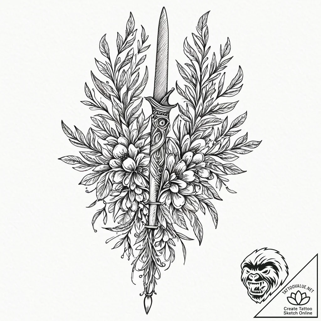 Olive leaves entwining dagger, ink illustrati... - tattoo sketch (№1753193631_0, 22.07.2025 14:13) — tattoovalue.net