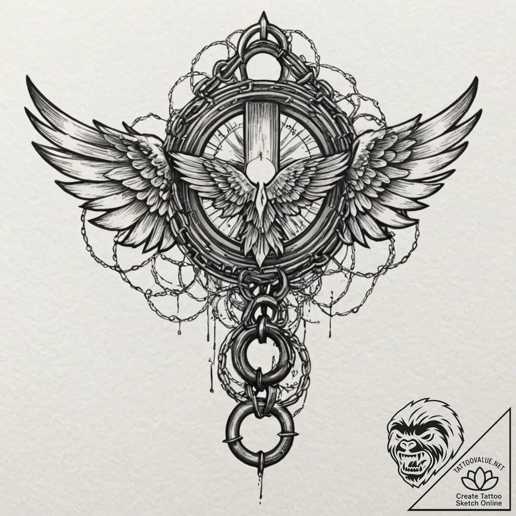 Fractured wings wrapped in chains, ink illust... - tattoo sketch (№1753194055_0, 22.07.2025 14:20) — tattoovalue.net