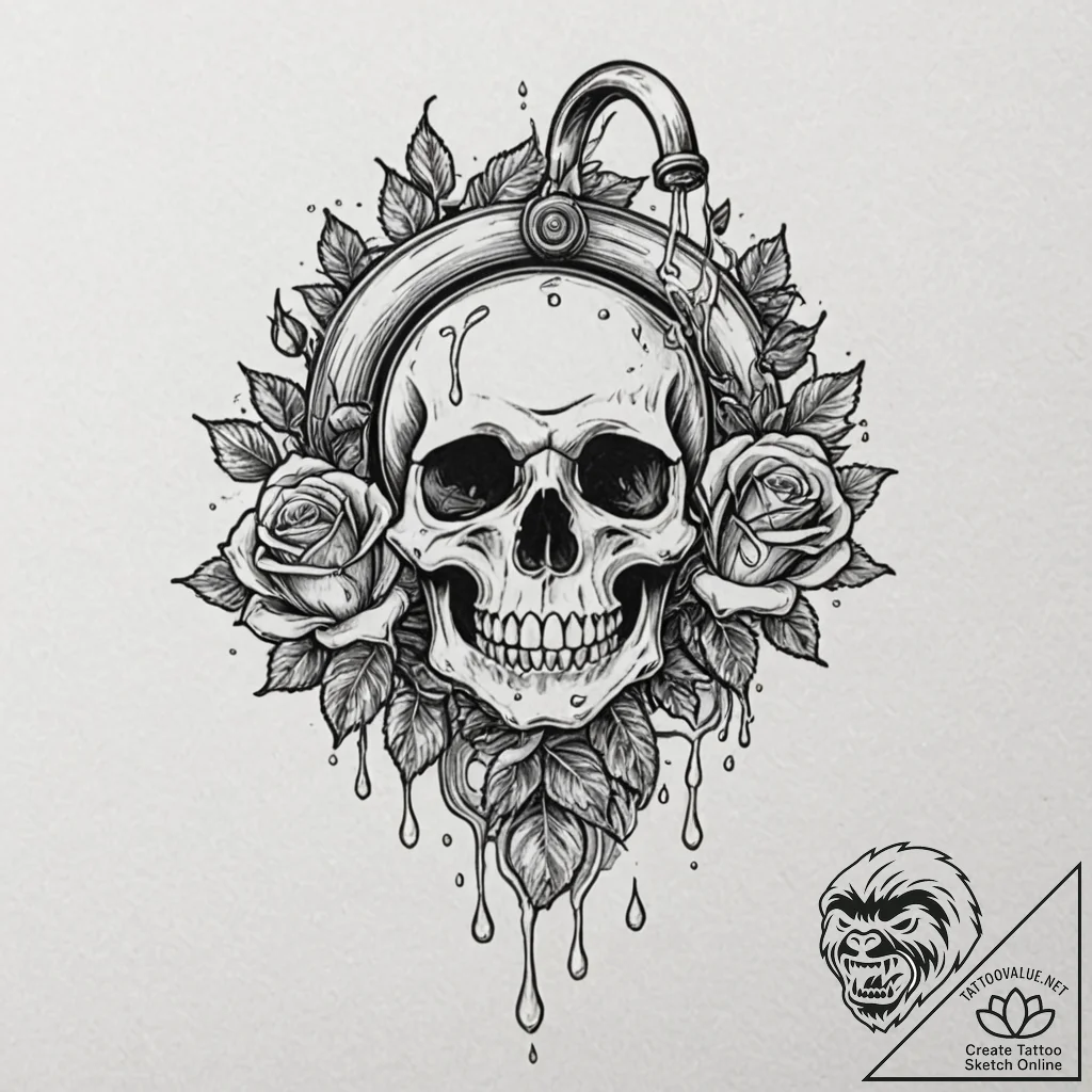 Dripping faucet with drops turning into tiny... - tattoo sketch (№1753194480_0, 22.07.2025 14:28) — tattoovalue.net