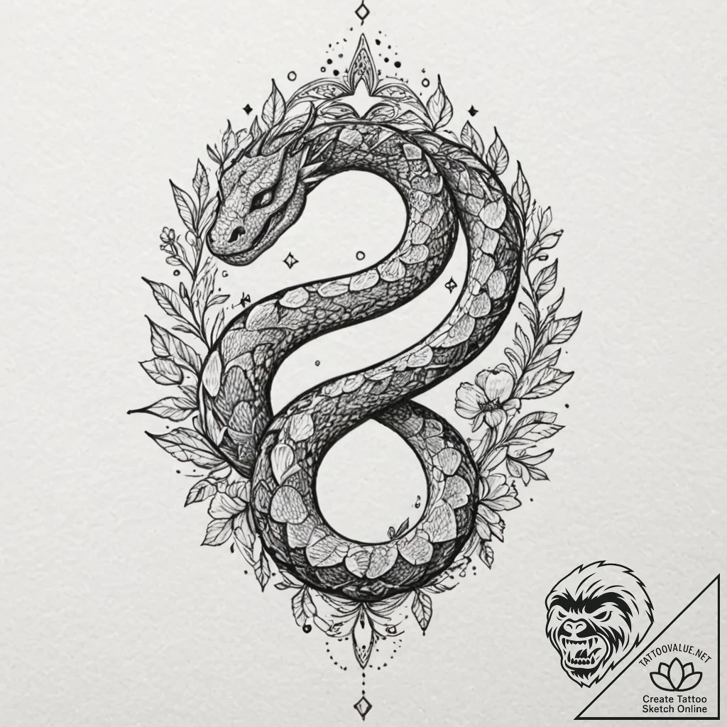 Hallowed serpent through celestial bloom, ink... - tattoo sketch (№1753194650_0, 22.07.2025 14:30) — tattoovalue.net