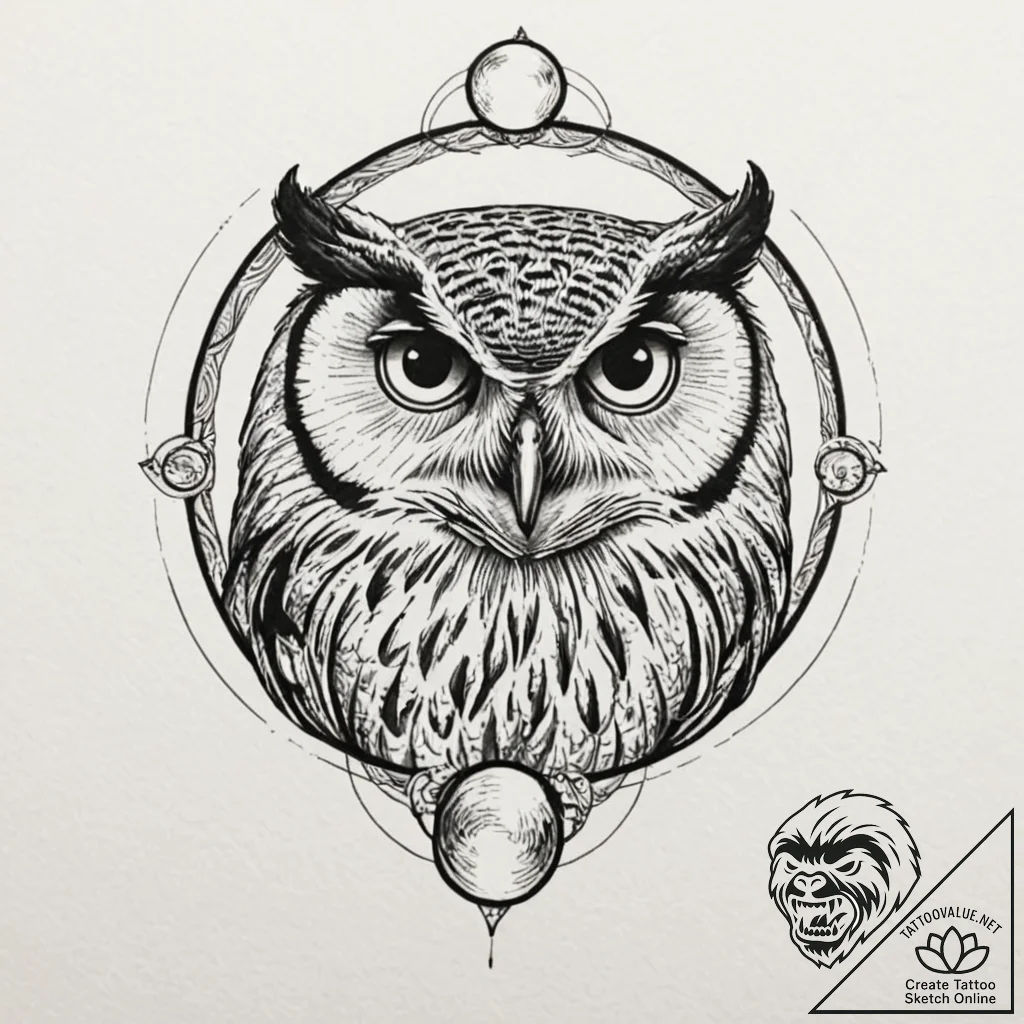 Owl eye reflecting twin moons, tattoo sketch... - tattoo sketch (№1753194735_0, 22.07.2025 14:32) — tattoovalue.net