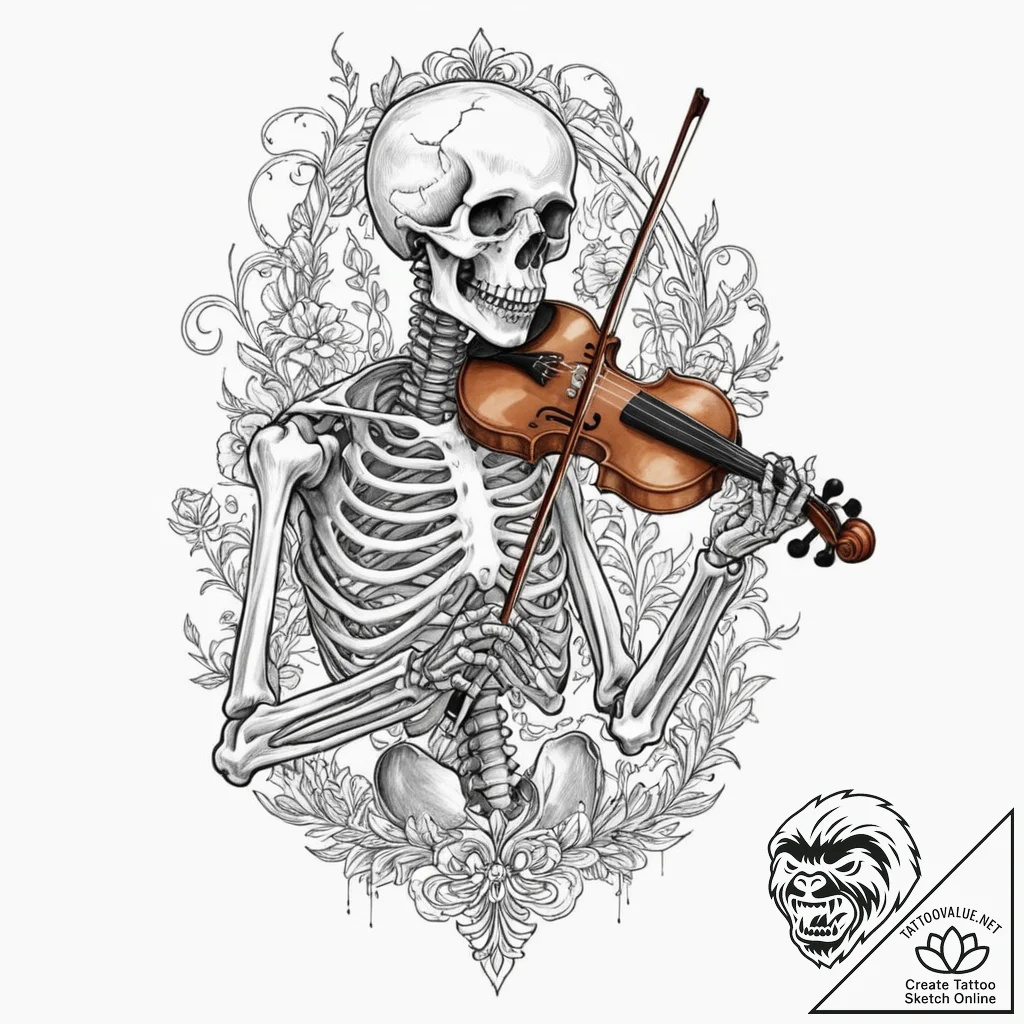 Animated skeleton playing violin, tattoo draw... - tattoo sketch (№1753194905_0, 22.07.2025 14:35) — tattoovalue.net