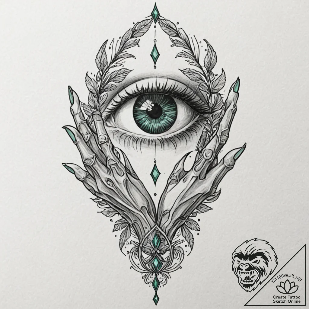 Emerald eye in skeletal hand, tattoo sketch d... - tattoo sketch (№1753194989_0, 22.07.2025 14:36) — tattoovalue.net
