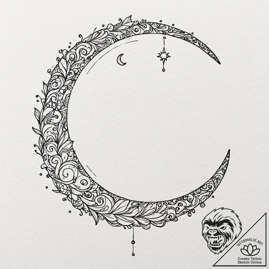 Oak flute singing to crescent moon, ink illus... - tattoo sketch (№1753195751_0, 22.07.2025 14:49) — tattoovalue.net