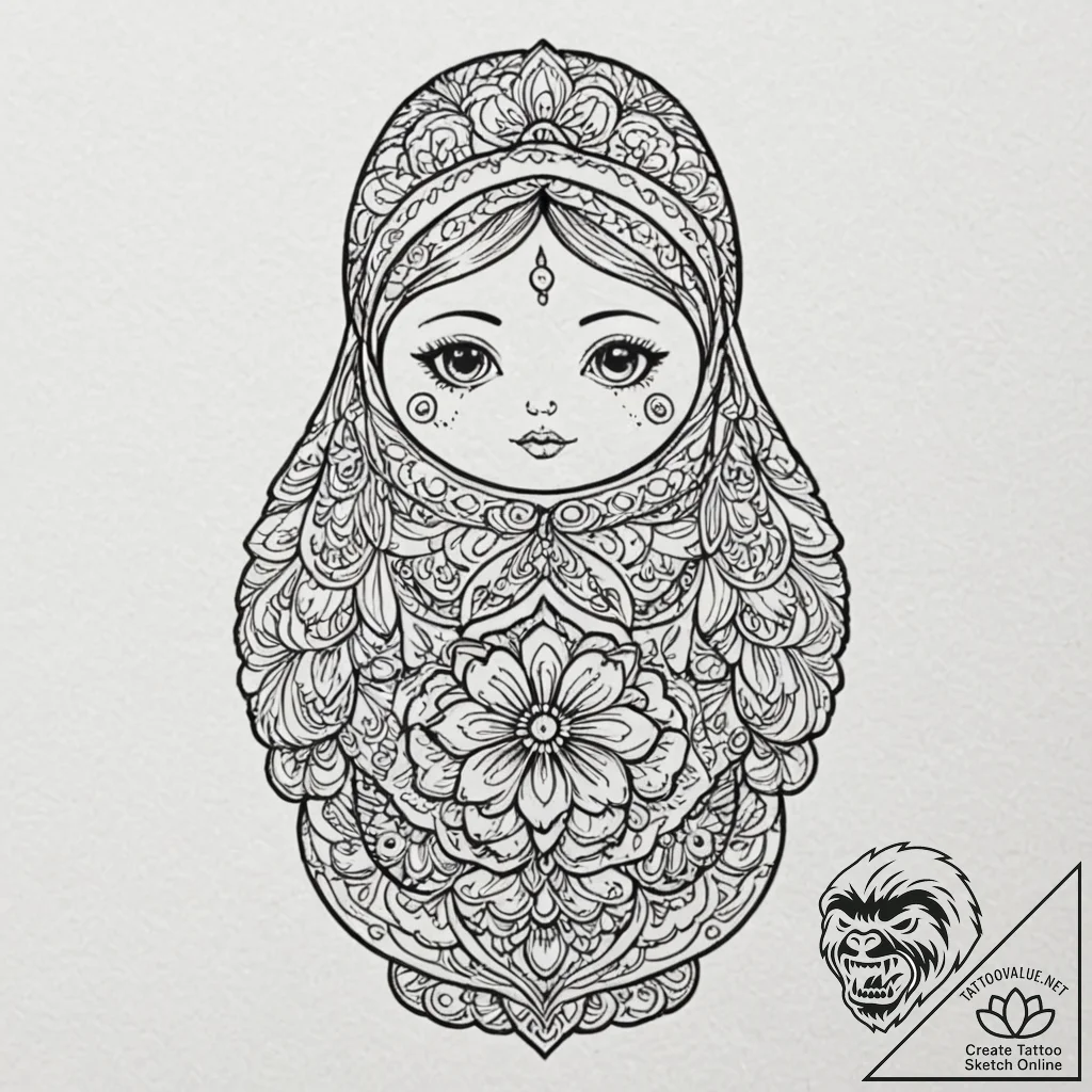 Matryoshka doll, tattoo line art, highly deta... - tattoo sketch (№1753195838_0, 22.07.2025 14:50) — tattoovalue.net