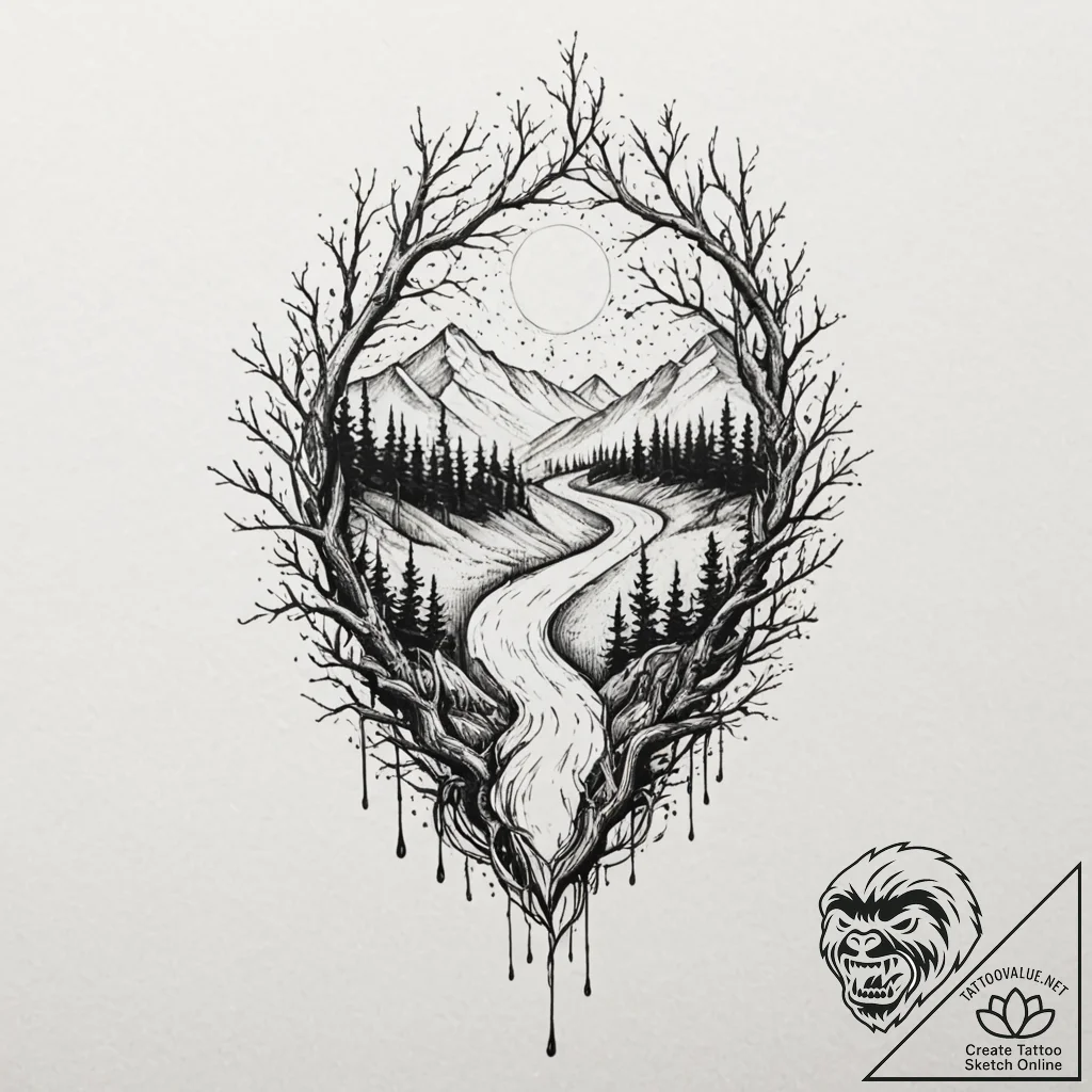 Blood trails leading into fog, tattoo flash s... - tattoo sketch (№1753196260_0, 22.07.2025 14:57) — tattoovalue.net
