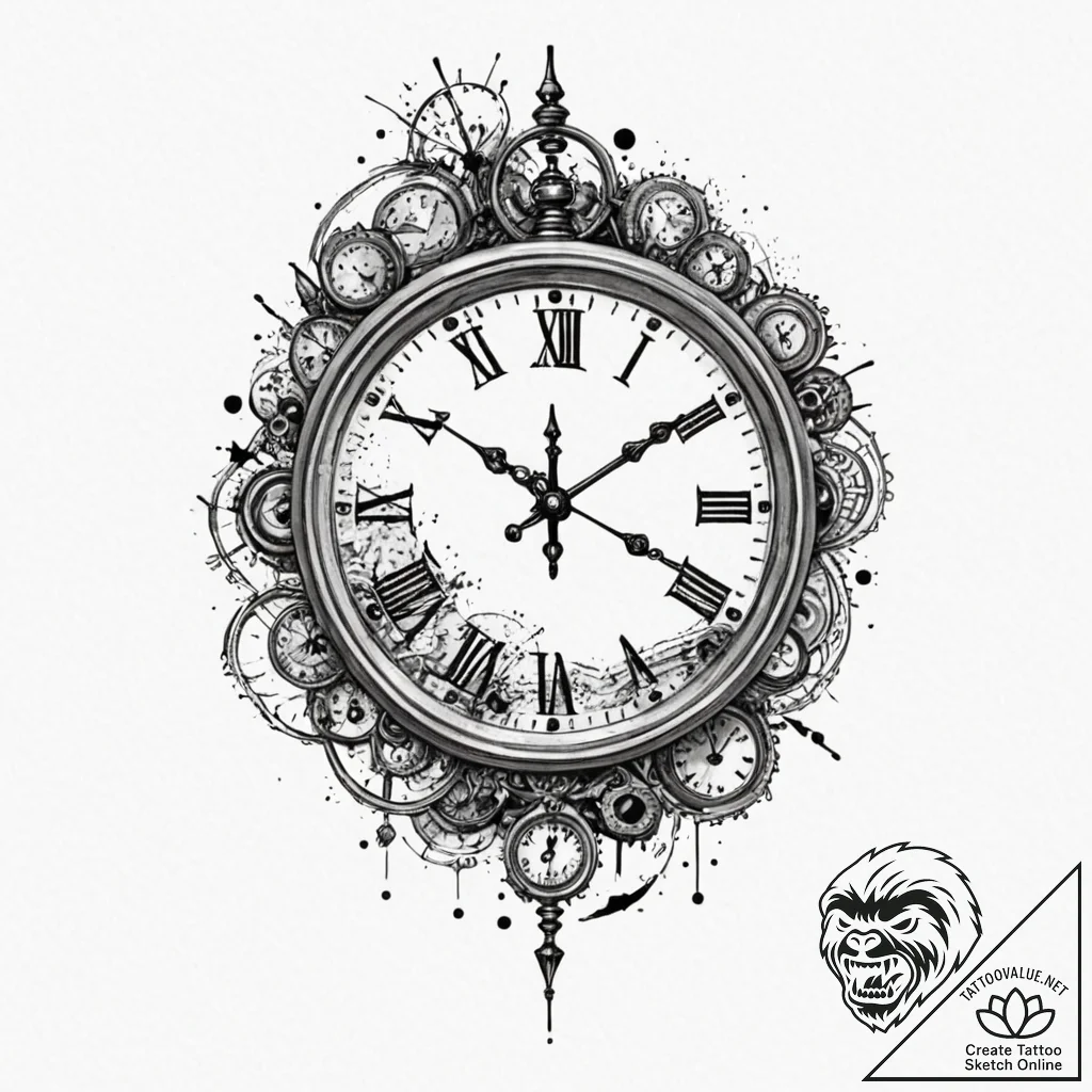 A detailed broken antique clock, stopped,, ar... - tattoo sketch (№1753196346_0, 22.07.2025 14:59) — tattoovalue.net