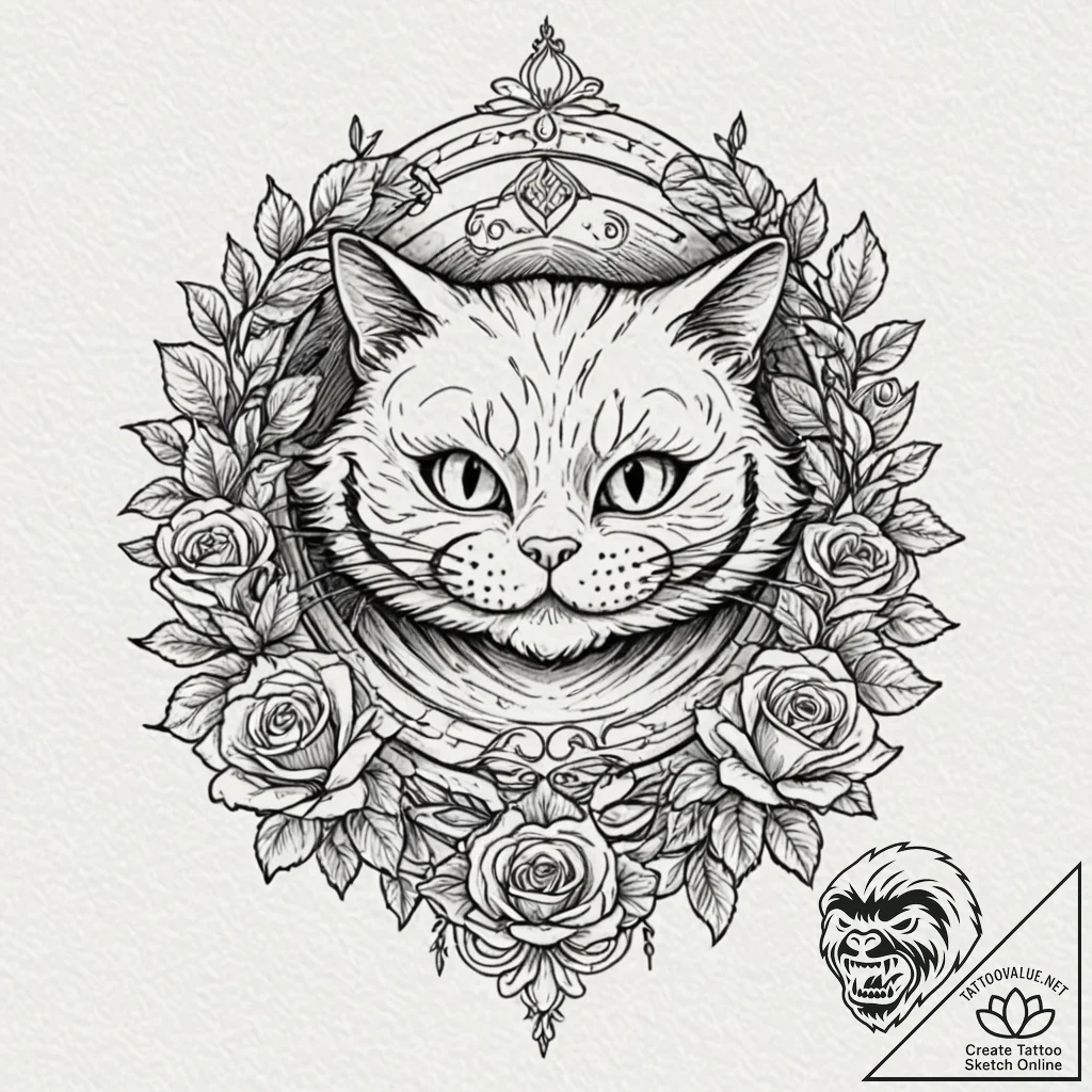 Cheshire cat, ink illustration for tattoo, cl... - tattoo sketch (№1753196516_0, 22.07.2025 15:01) — tattoovalue.net