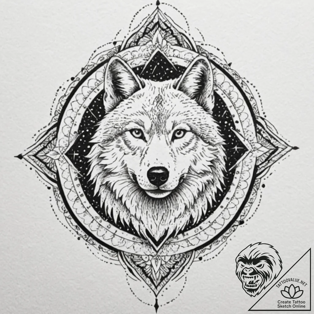 Astral wolf hunting through cosmic forest, co... - tattoo sketch (№1753196769_0, 22.07.2025 15:06) — tattoovalue.net