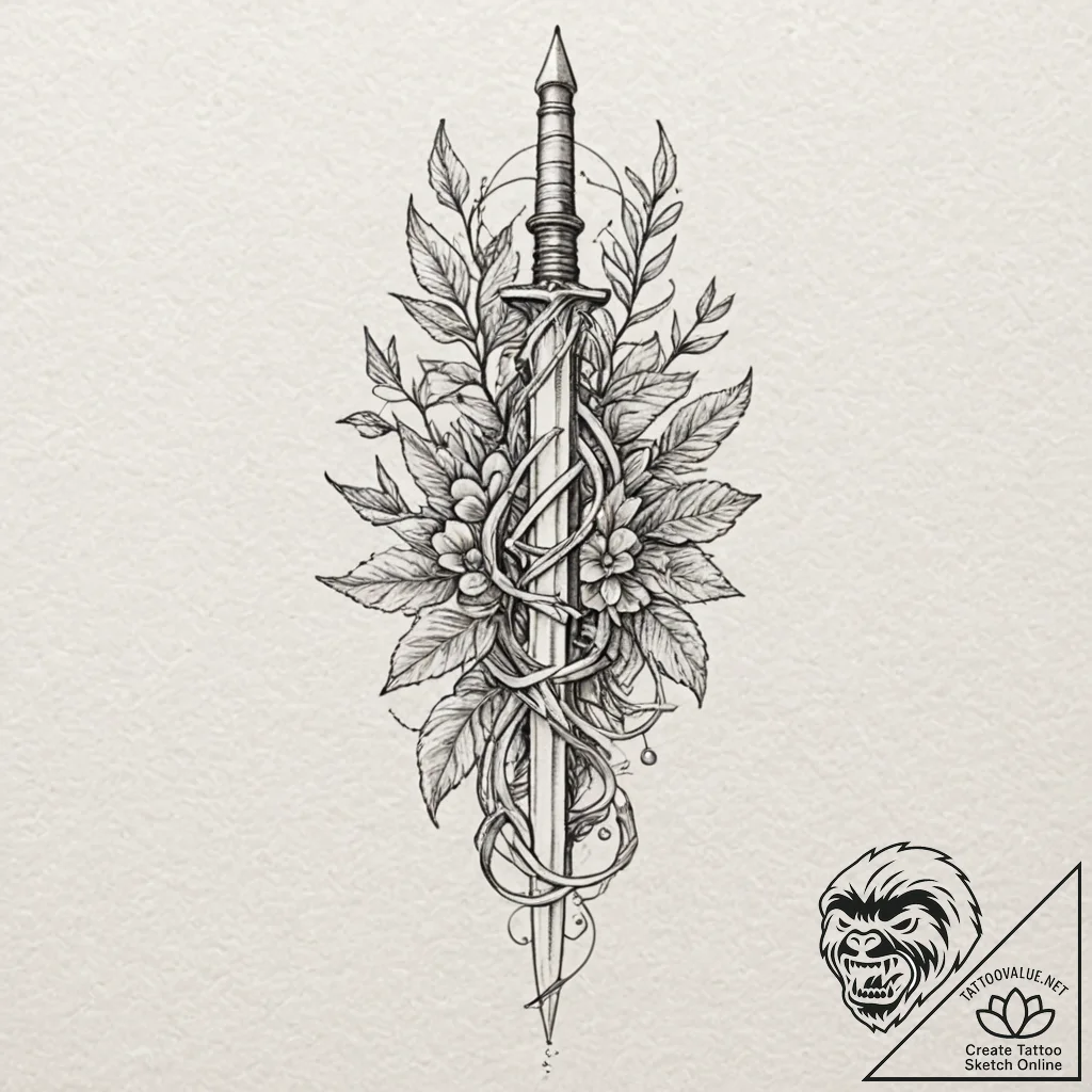 Iron dagger pierced by thorned vine, tattoo d... - tattoo sketch (№1753197366_0, 22.07.2025 15:16) — tattoovalue.net