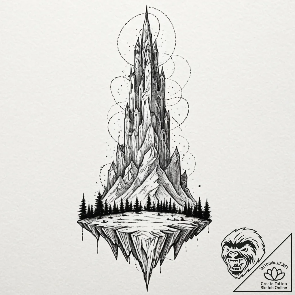 Quartz tower beneath spectral rift, tattoo sk... - tattoo sketch (№1753198469_0, 22.07.2025 15:34) — tattoovalue.net