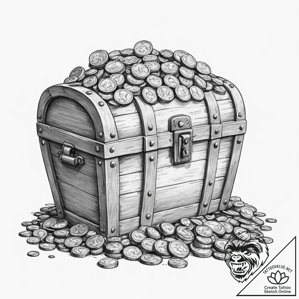 A detailed barrel full of coins, treasure che... - tattoo sketch (№1753198724_0, 22.07.2025 15:38) — tattoovalue.net