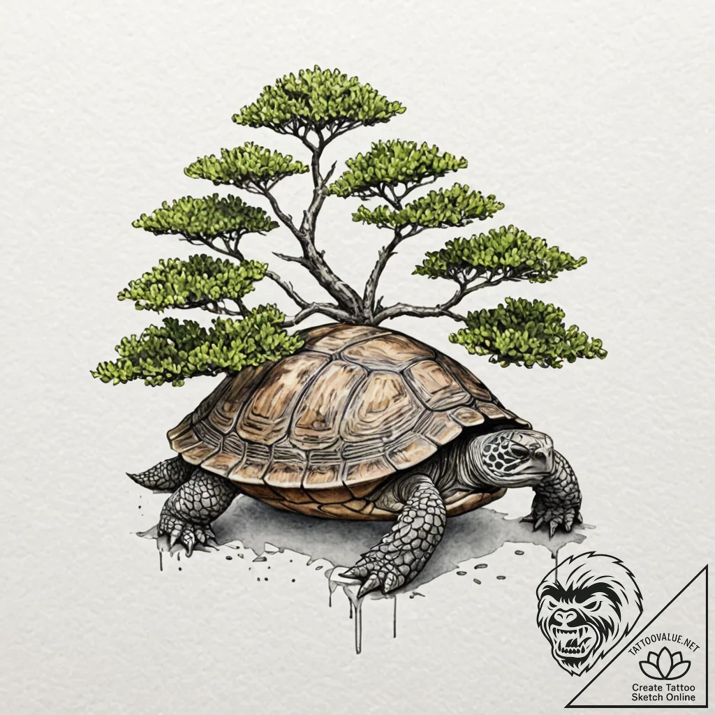 A bonsai tree growing on a turtle's back, tat... - tattoo sketch (№1753199063_0, 22.07.2025 15:44) — tattoovalue.net