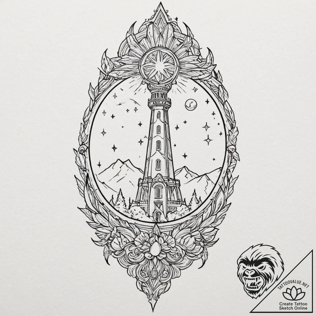 Ivory relic beneath celestial spire, tattoo d... - tattoo sketch (№1753199487_0, 22.07.2025 15:51) — tattoovalue.net