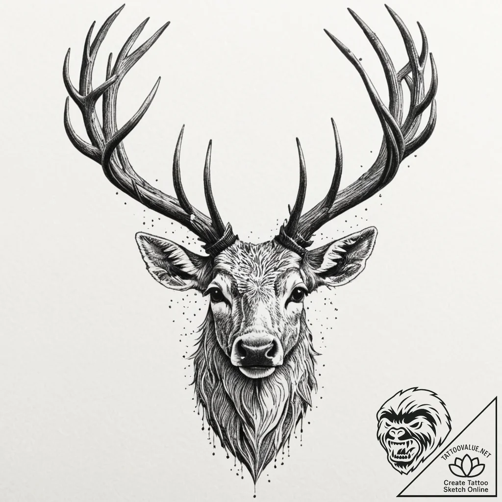 Engraved stag crowned in bone, tattoo drawing... - tattoo sketch (№1753199572_0, 22.07.2025 15:52) — tattoovalue.net