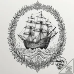 Burning sea with skeletal ship, ink illustrat… – tattoo sketch (№1753199997_0, 22.07.2025 15:59) — tattoovalue.net