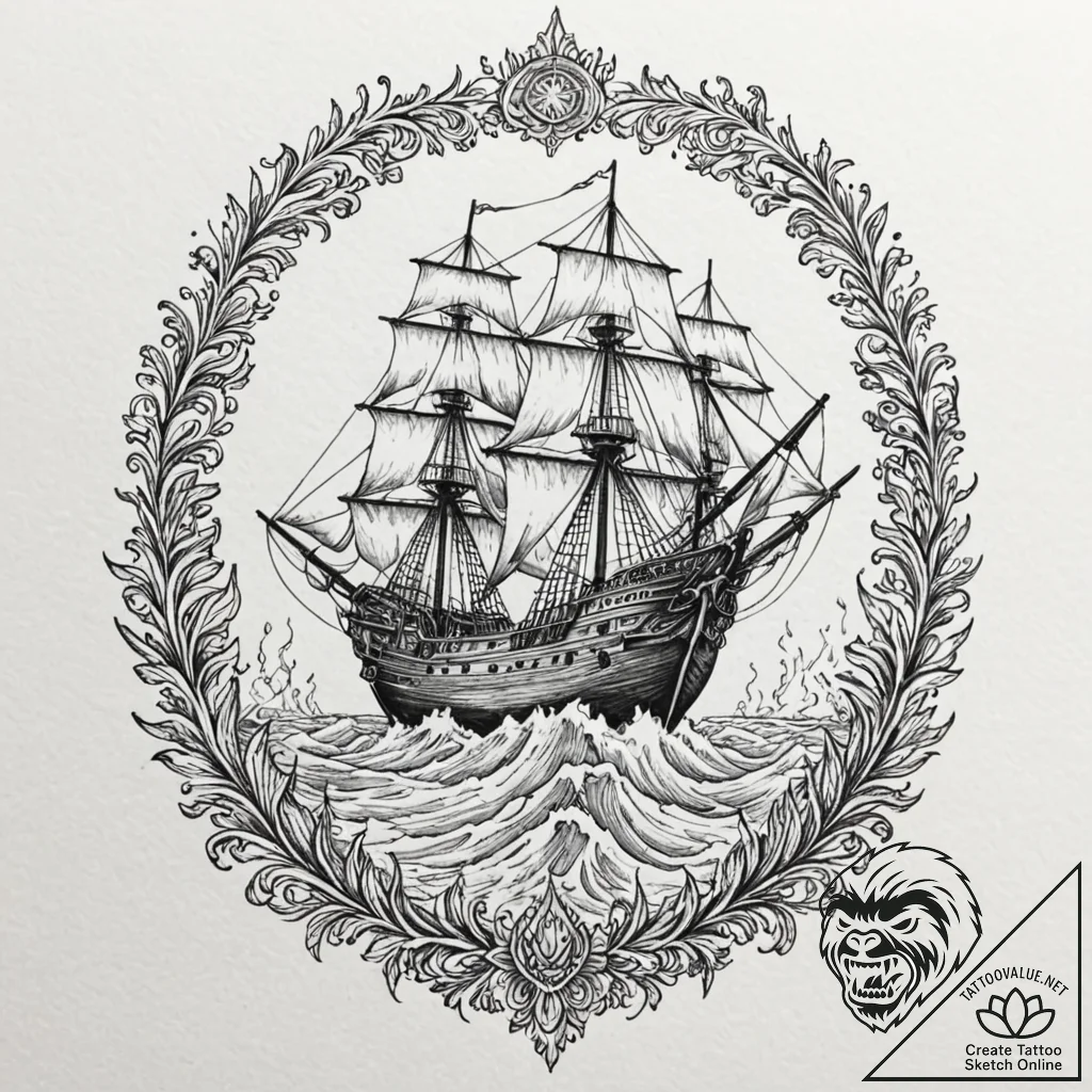 Burning sea with skeletal ship, ink illustrat... - tattoo sketch (№1753199997_0, 22.07.2025 15:59) — tattoovalue.net