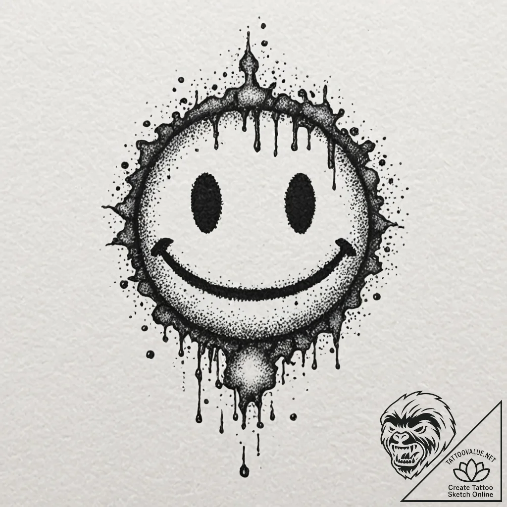 Acid smiley face, melting and glitching, arti... - tattoo sketch (№1753201383_0, 22.07.2025 16:23) — tattoovalue.net