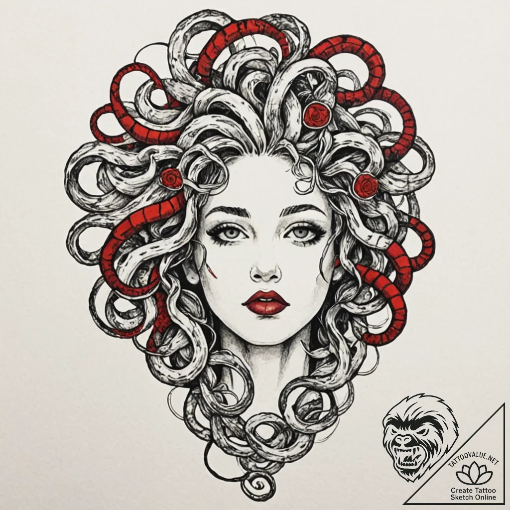 Opal medusa with twisting hair, tattoo flash... - tattoo sketch (№1753201960_0, 22.07.2025 16:32) — tattoovalue.net